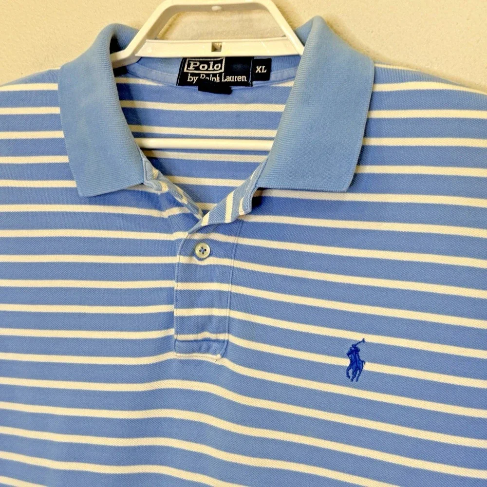 Polo Ralph Lauren Polo Shirt Mens Sz XL‎ Light Blue Striped Short Sleeve Preppy